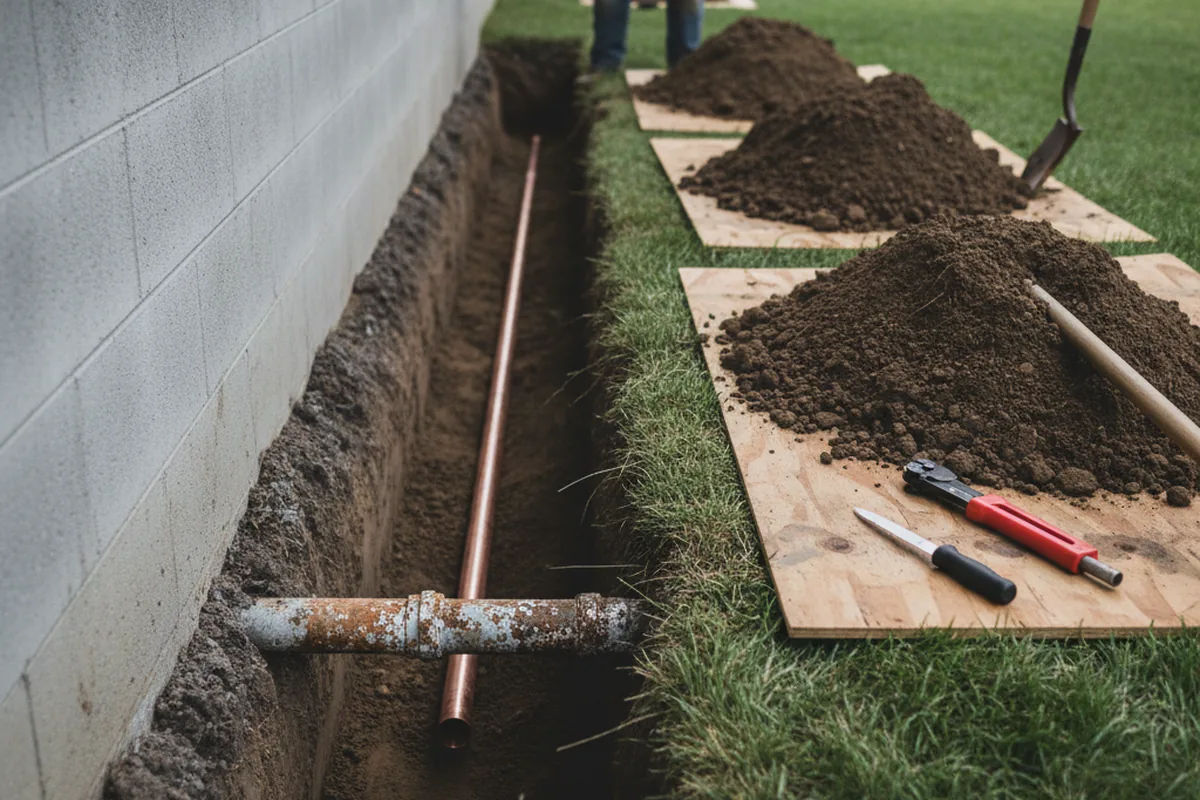 Excavated water line trench during Sewer Line Repair in Mina